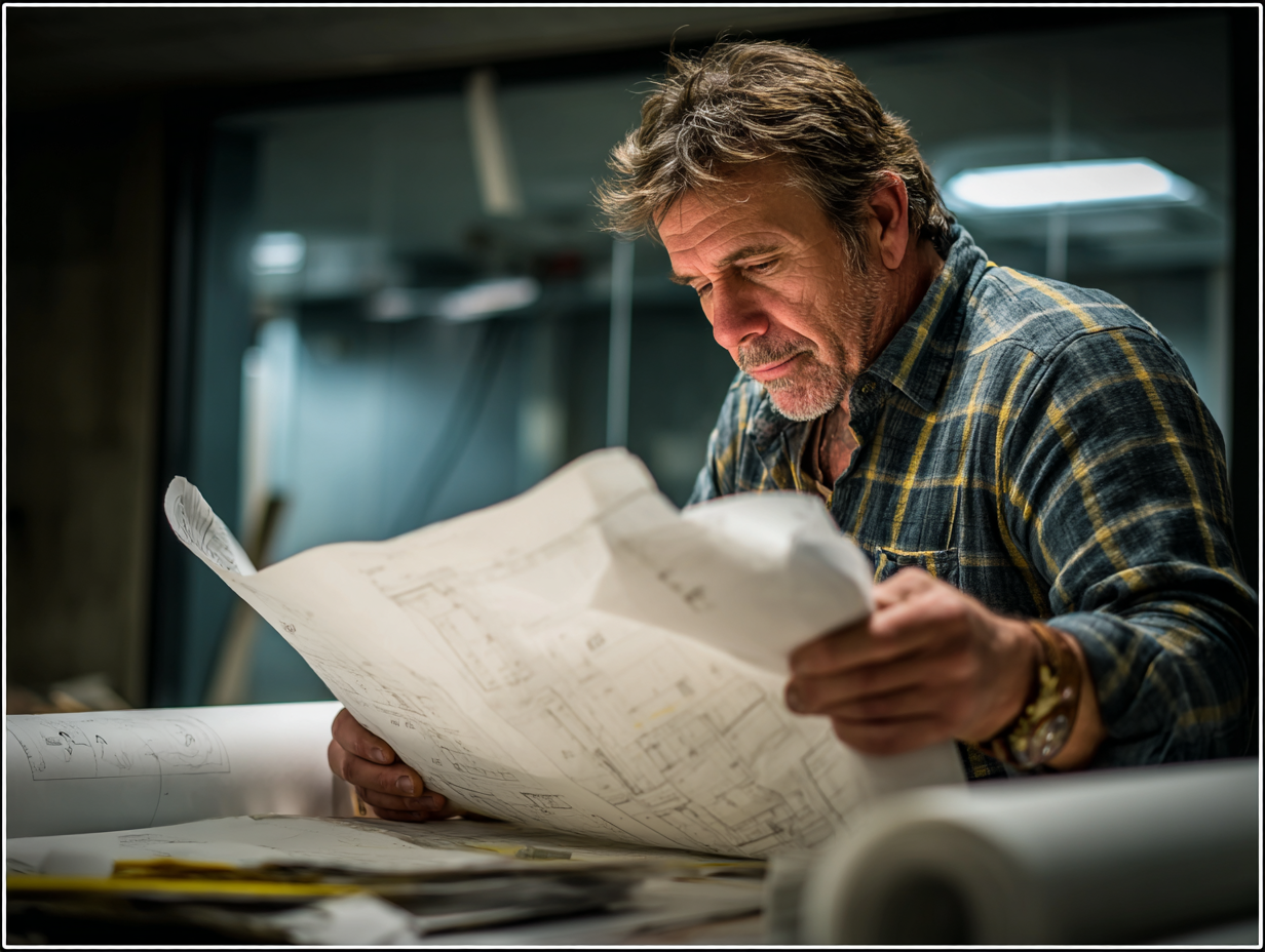 Engineer reviewing building code blueprints with soundproofing materials on desk